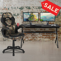 Flash Furniture BLN-X10D1904L-CAM-GG Gaming Desk and Camouflage/Black Racing Chair Set /Cup Holder/Headphone Hook/Removable Mouse Pad Top - 2 Wire Management Holes